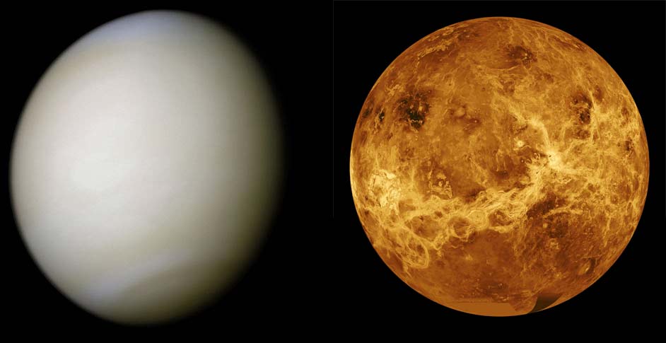 Venus, clouded (left) and surface radar view (right)