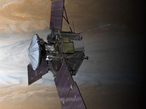 Artists Concept of Juno Spacecraft Orbiting Above Jupiter